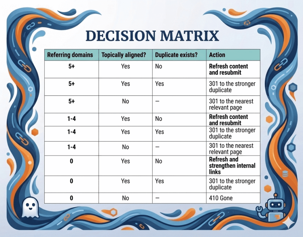 The decision matrix I apply to every content URL in a Crawled - not indexed report.