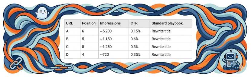 Four URLs with similar GSC metrics - all flagged for the same standard rewrite-title recommendation.