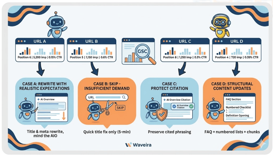 Four URLs with similar GSC metrics, four different optimization strategies in a 2026 SEO audit beyond the standard playbook.